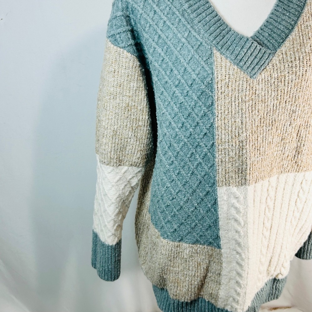 Altar State Patchwork Colorblock V Neck Sweater S… - image 5
